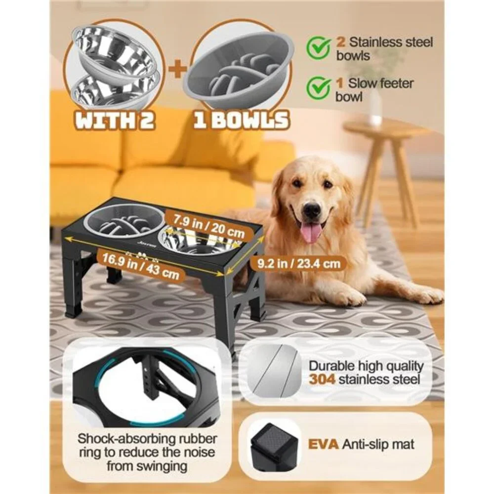Elevated Dog Bowls, Dog Feeder with 2 Stainless Steel Dishes &1 Slow Feeder